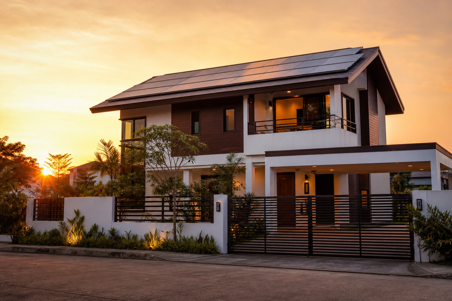 Home with solar panels at sunset